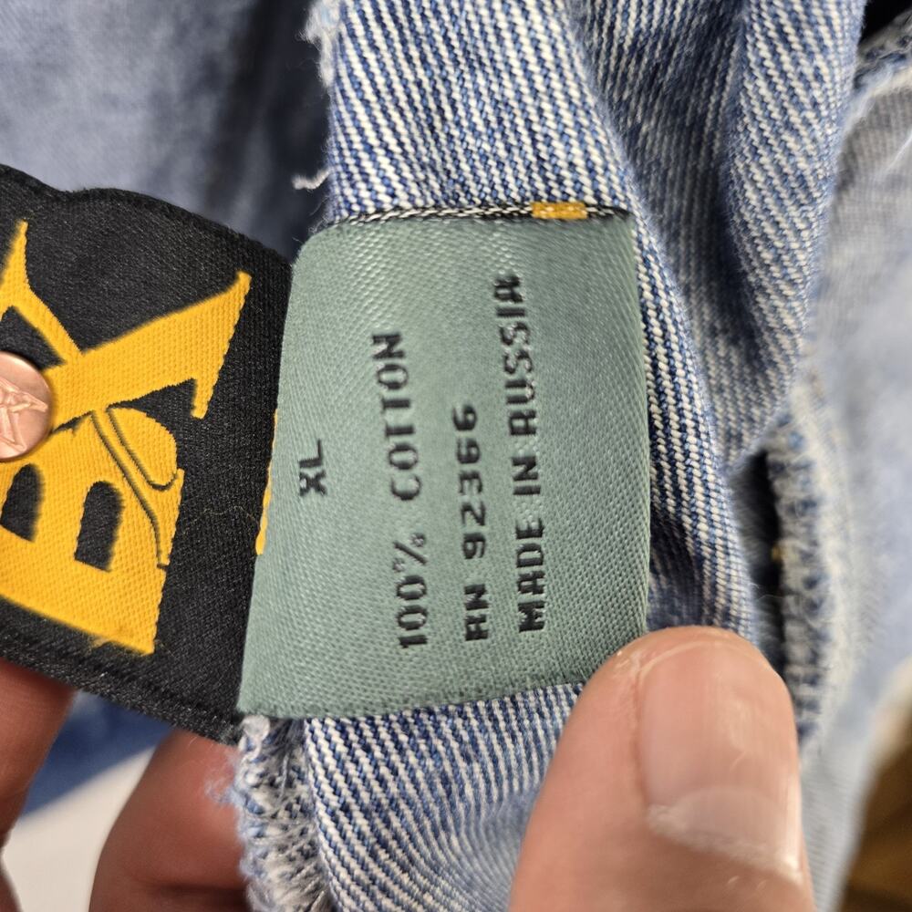 VTG Boom X Jean Jacket Mens XL Blue Denim Corduroy Patchwork Trucker Y2K FLAWS - Picture 9 of 15